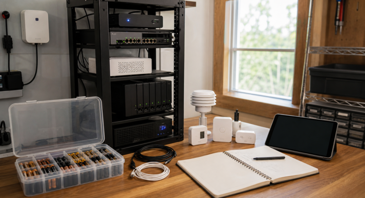 Home lab sensor maintenance kit near a small rack and dashboard tablet