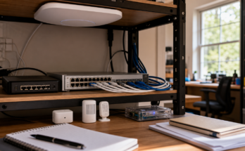 Photoreal home lab networking shelf with Wi-Fi access point, small sensors, Ethernet cables, and labeled-free notebooks