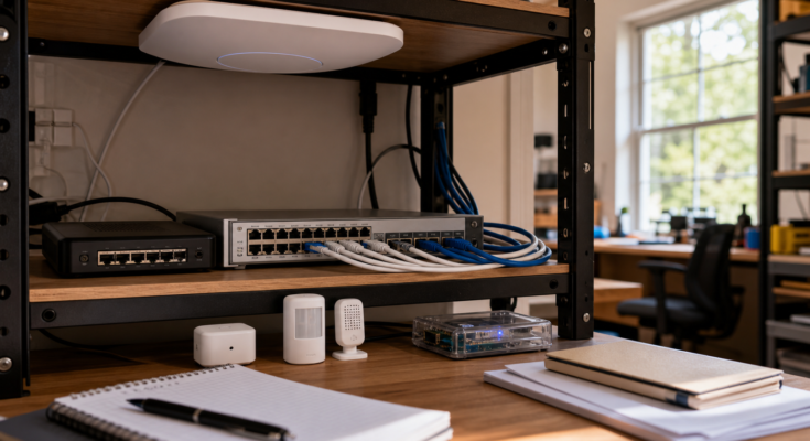 Photoreal home lab networking shelf with Wi-Fi access point, small sensors, Ethernet cables, and labeled-free notebooks