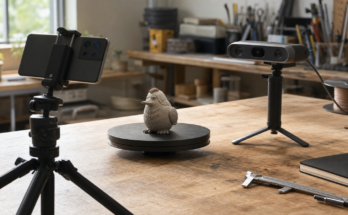 Photoreal maker bench with a small object on a turntable, phone camera on tripod, and compact 3D scanner nearby