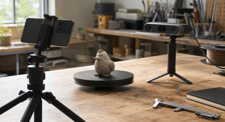 Photoreal maker bench with a small object on a turntable, phone camera on tripod, and compact 3D scanner nearby Photoreal maker bench with a small object on a turntable, phone camera on tripod, and compact 3D scanner nearby