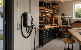 Photoreal garage maker lab with EV wall charger, organized tool bench, 3D printer enclosure, and visible conduit but no readable labels