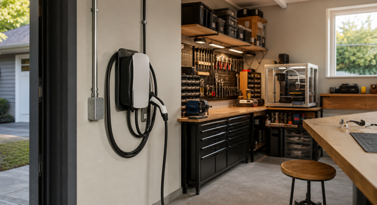 Photoreal garage maker lab with EV wall charger, organized tool bench, 3D printer enclosure, and visible conduit but no readable labels