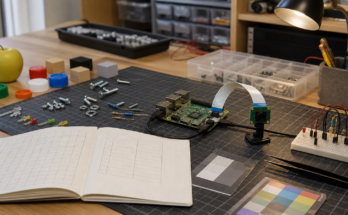 Photoreal electronics workbench with Raspberry Pi-style camera module, small objects, lighting test cards without readable text, and dataset notebook