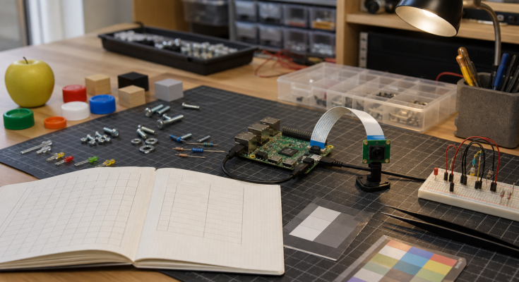 Photoreal electronics workbench with Raspberry Pi-style camera module, small objects, lighting test cards without readable text, and dataset notebook Photoreal electronics workbench with Raspberry Pi-style camera module, small objects, lighting test cards without readable text, and dataset notebook