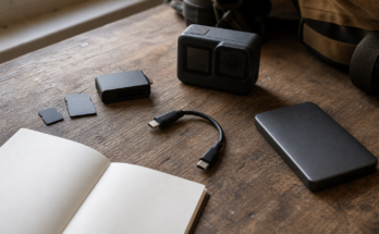 Field media logging kit with memory cards, reader and action camera on a workbench