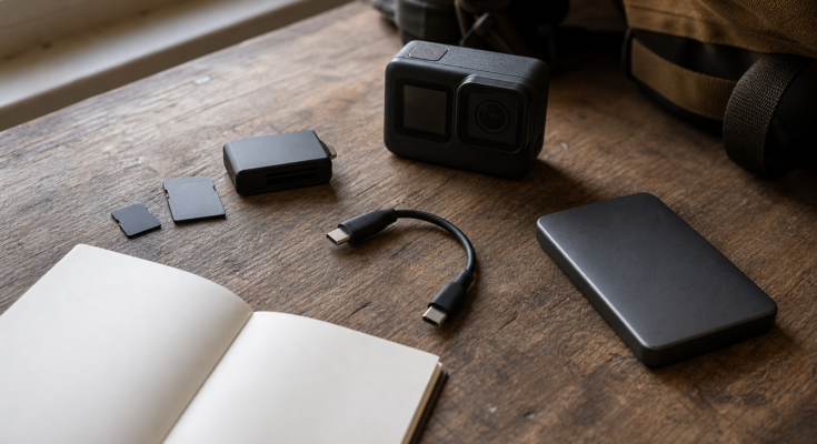 Field media logging kit with memory cards, reader and action camera on a workbench