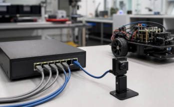 Student robotics workbench with PoE switch, Ethernet cables and fixed camera