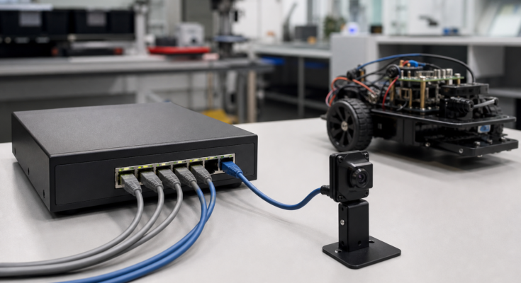 Student robotics workbench with PoE switch, Ethernet cables and fixed camera