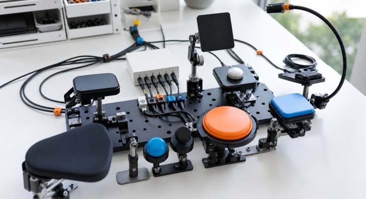 Accessible controller test bench with modular switches, mounts and unbranded input hub