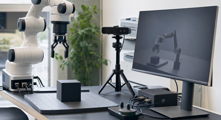 Robotics simulation workstation with robot arm, depth-camera rig and neutral rendered test scene