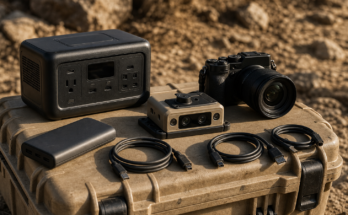 Field tech power kit with USB-C battery pack, small power station and robot camera gear