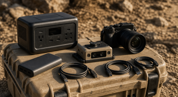 Field tech power kit with USB-C battery pack, small power station and robot camera gear