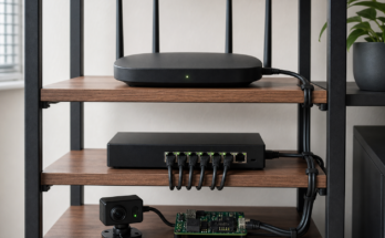 Home lab network shelf with Wi-Fi 7 access point, Ethernet backhaul and edge AI camera devices