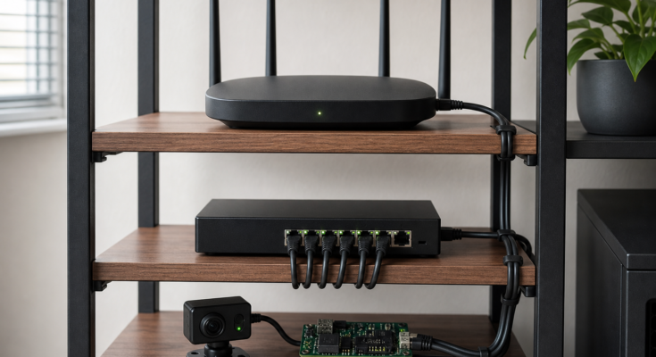 Home lab network shelf with Wi-Fi 7 access point, Ethernet backhaul and edge AI camera devices