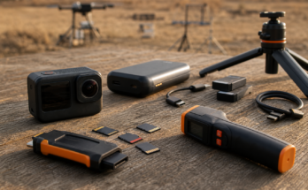 Unbranded action camera field kit with memory cards, power bank, and test tools on an outdoor table