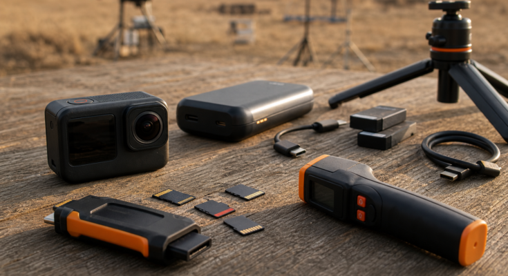 Unbranded action camera field kit with memory cards, power bank, and test tools on an outdoor table Unbranded action camera field kit with memory cards, power bank, and test tools on an outdoor table