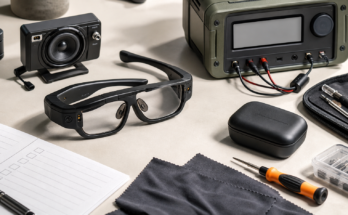 Generic AI wearable test bench with smart-glasses-like frames, battery test hardware, and small tools