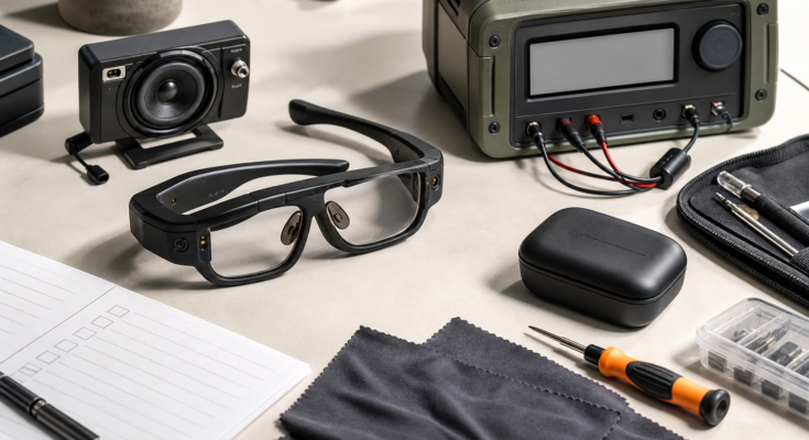 Generic AI wearable test bench with smart-glasses-like frames, battery test hardware, and small tools Generic AI wearable test bench with smart-glasses-like frames, battery test hardware, and small tools