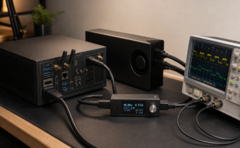 Editorial photo of a compact AI workstation test bench with a small form factor PC, external accelerator enclosure, power met