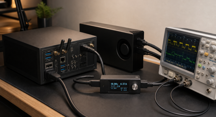 Editorial photo of a compact AI workstation test bench with a small form factor PC, external accelerator enclosure, power met