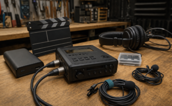 Compact field audio recorder, lavalier microphones, cables, and clap slate on a warm maker-lab bench