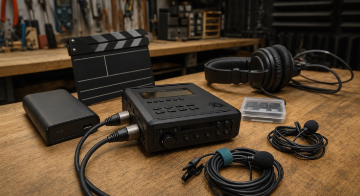 Compact field audio recorder, lavalier microphones, cables, and clap slate on a warm maker-lab bench Compact field audio recorder, lavalier microphones, cables, and clap slate on a warm maker-lab bench