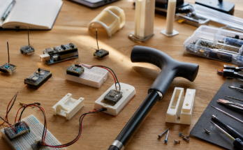  small BLE beacons, cane handle prototype, doorway sensor, breadboard and enclosure parts, warm daylight, no labels, no logos
