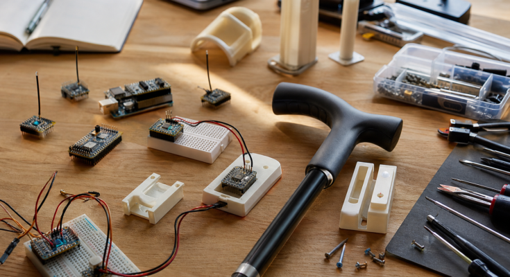 small BLE beacons, cane handle prototype, doorway sensor, breadboard and enclosure parts, warm daylight, no labels, no logos small BLE beacons, cane handle prototype, doorway sensor, breadboard and enclosure parts, warm daylight, no labels, no logos