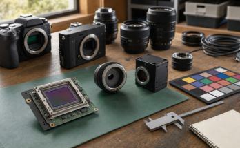Unbranded camera sensors, lenses, and machine-vision hardware arranged on a warm maker-lab optical test bench.