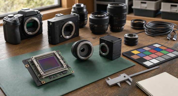 Unbranded camera sensors, lenses, and machine-vision hardware arranged on a warm maker-lab optical test bench. Unbranded camera sensors, lenses, and machine-vision hardware arranged on a warm maker-lab optical test bench.