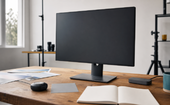 Unbranded color calibration bench with monitor, colorimeter, photo proofs, grey card, and USB-C dock