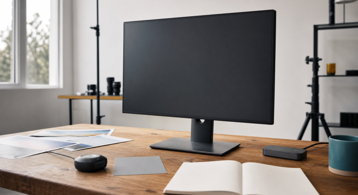 Unbranded color calibration bench with monitor, colorimeter, photo proofs, grey card, and USB-C dock