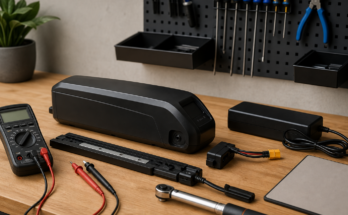 Unbranded e-bike battery and charger inspection scene on a clean workshop bench with a multimeter, torque wrench, battery rail, and service checklist 