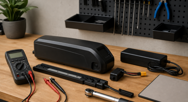 Unbranded e-bike battery and charger inspection scene on a clean workshop bench with a multimeter, torque wrench, battery rail, and service checklist 