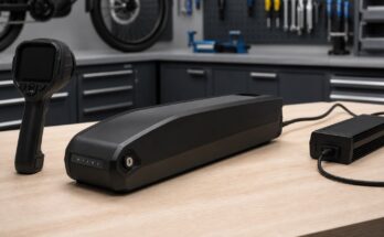 Generic e-bike battery and charger on a workshop bench