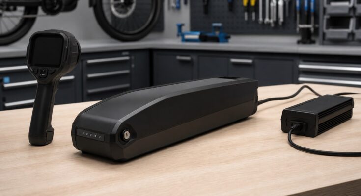 Generic e-bike battery and charger on a workshop bench Generic e-bike battery and charger on a workshop bench