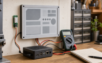 Warm maker lab e-paper dashboard with sensors and tidy wiring