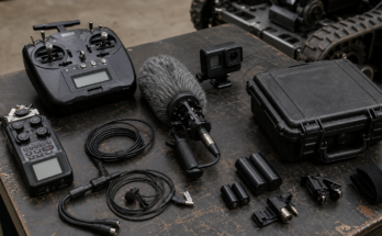 Documentary field-media kit for robotics: compact audio recorder, shotgun microphone with windscreen, lavalier cable, action camera, robot controller,