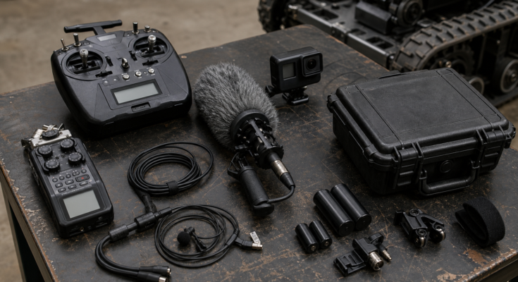 Documentary field-media kit for robotics: compact audio recorder, shotgun microphone with windscreen, lavalier cable, action camera, robot controller,