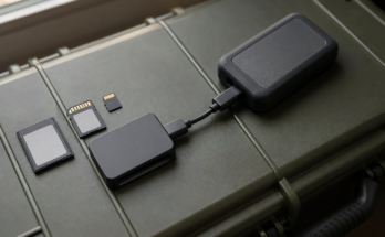 Unbranded memory cards, a card reader and a portable SSD arranged in a field case.