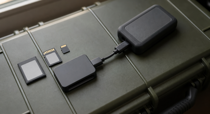 Unbranded memory cards, a card reader and a portable SSD arranged in a field case. Unbranded memory cards, a card reader and a portable SSD arranged in a field case.