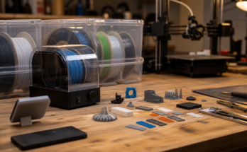 Realistic 3D printing workbench with filament dryer, spools in dry boxes, humidity indicator, printed test coupons, and a printer in background