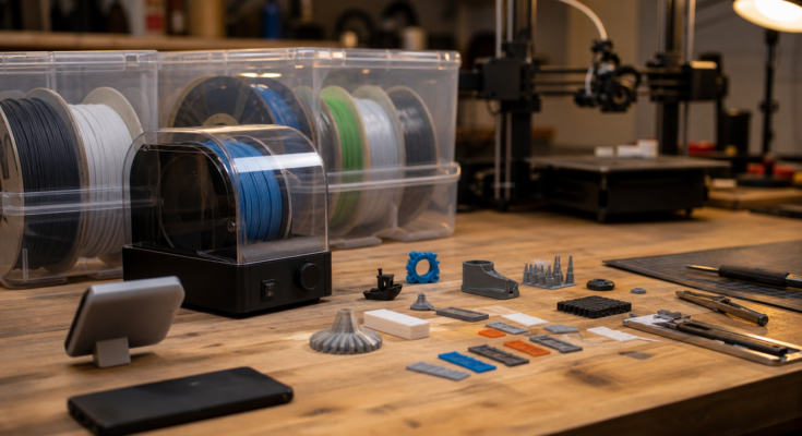 Realistic 3D printing workbench with filament dryer, spools in dry boxes, humidity indicator, printed test coupons, and a printer in background