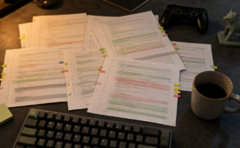 A maintainer review desk with printed code diffs, sticky flags, keyboard edge, and warm editorial lighting.