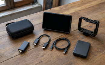 A field video kit with capture dongle, HDMI cable, USB-C cable, monitor and camera cage.