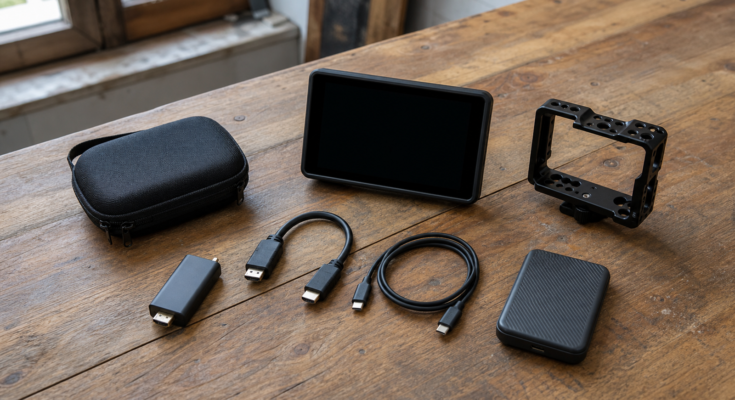 A field video kit with capture dongle, HDMI cable, USB-C cable, monitor and camera cage. A field video kit with capture dongle, HDMI cable, USB-C cable, monitor and camera cage.