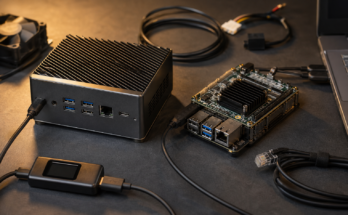 A generic local AI lab hardware comparison with a mini PC, development board, cropped laptop edge, cables, and power meter.