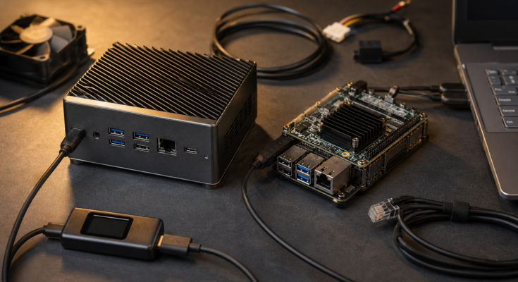 A generic local AI lab hardware comparison with a mini PC, development board, cropped laptop edge, cables, and power meter. A generic local AI lab hardware comparison with a mini PC, development board, cropped laptop edge, cables, and power meter.