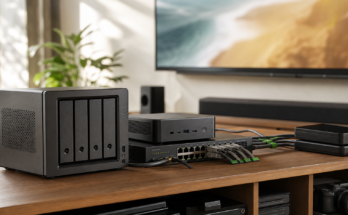 Warm home-lab media server bench with NAS, mini PC, network switch, and storage devices